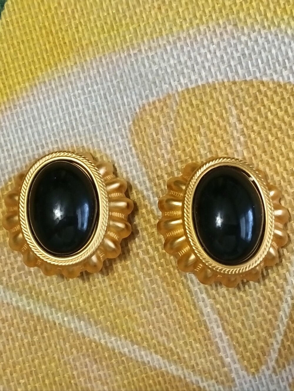 Vintage Bold Brushed Gold & Black Enamel Clip Earrings